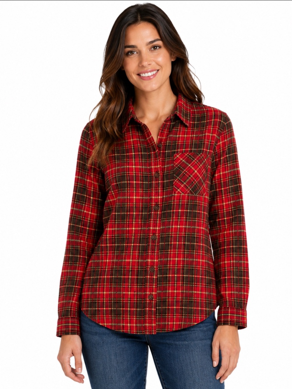 L.L.Bean Outdoors Plaid Flannel Button Shirt Red Brown Cotton — Size M
